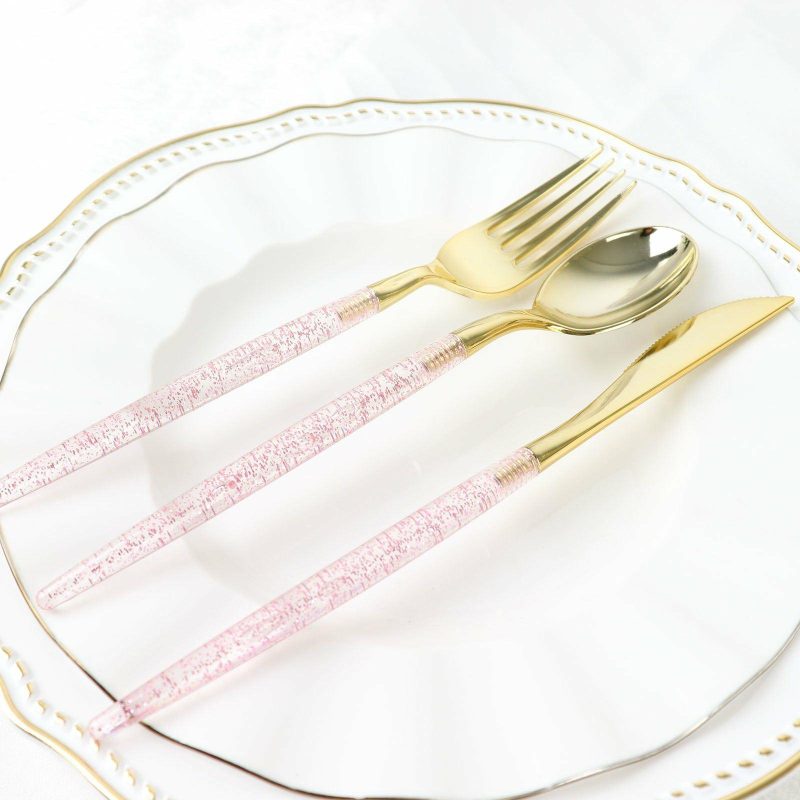 24 Pack Rose Gold Glittered Gold Plastic Cutlery Set, Disposable Silverware Pack 8″  |   Cutlery Cutlery Cutlery