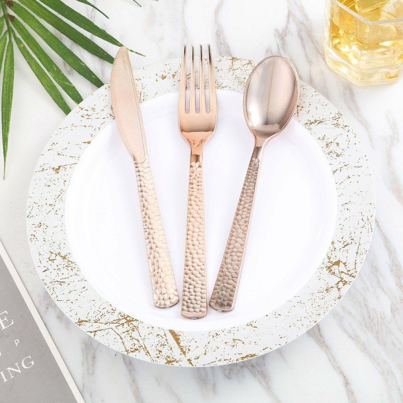 24 Pack Rose Gold Hammered Style Heavy Duty Plastic Forks, Plastic Silverware 7″  |   Cutlery Cutlery Cutlery