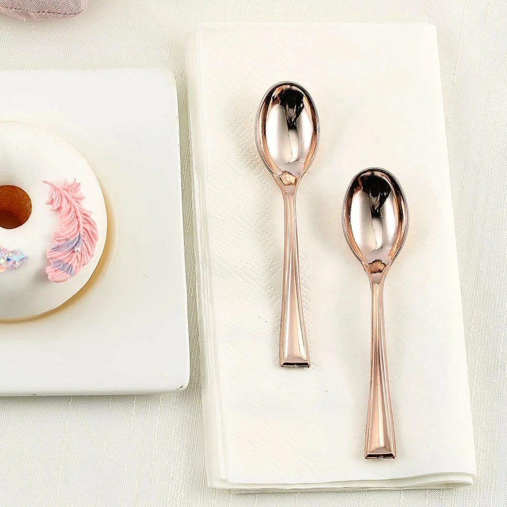 24 Pack Rose Gold Heavy Duty Plastic Mini Dessert Spoons, Disposable Silverware 4″  |   Dessert Utensils Dessert Utensils Blush/Rose gold