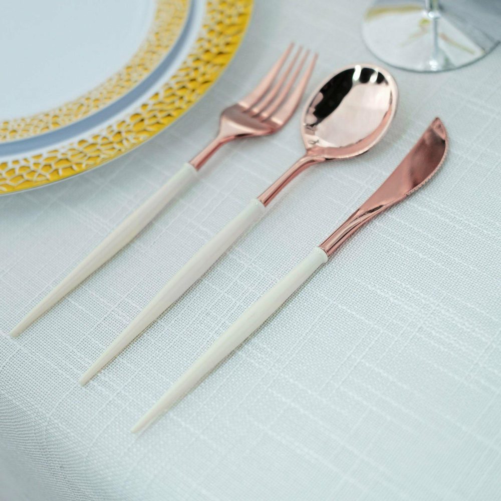 24 Pack Rose Gold Modern Silverware Set, Premium Plastic Cutlery Set With Ivory Handle 8″  |   Cutlery Cutlery Cutlery