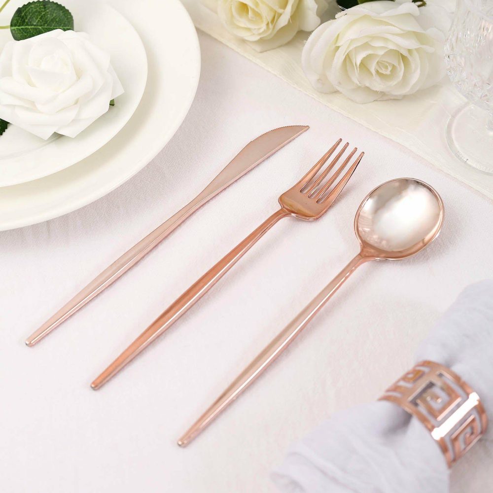 24 Pack Rose Gold Sleek Modern Flatware Set, Premium Plastic Silverware Cutlery Set 8″  |   Cutlery Cutlery Cutlery