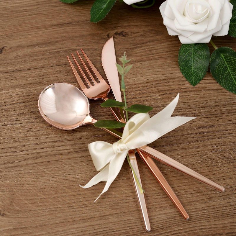 24 Pack Rose Gold Sleek Modern Flatware Set, Premium Plastic Silverware Cutlery Set 8″  |   Cutlery Cutlery Cutlery