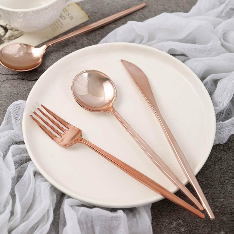 24 Pack Rose Gold Sleek Modern Flatware Set, Premium Plastic Silverware Cutlery Set 8″  |   Cutlery Cutlery Cutlery