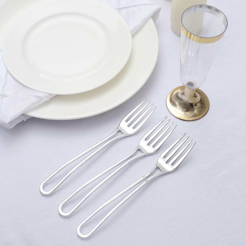 24 Pack Silver Modern Hollow Handle Design Plastic Forks, Disposable Utensils 7″  |   Cutlery Cutlery Cutlery