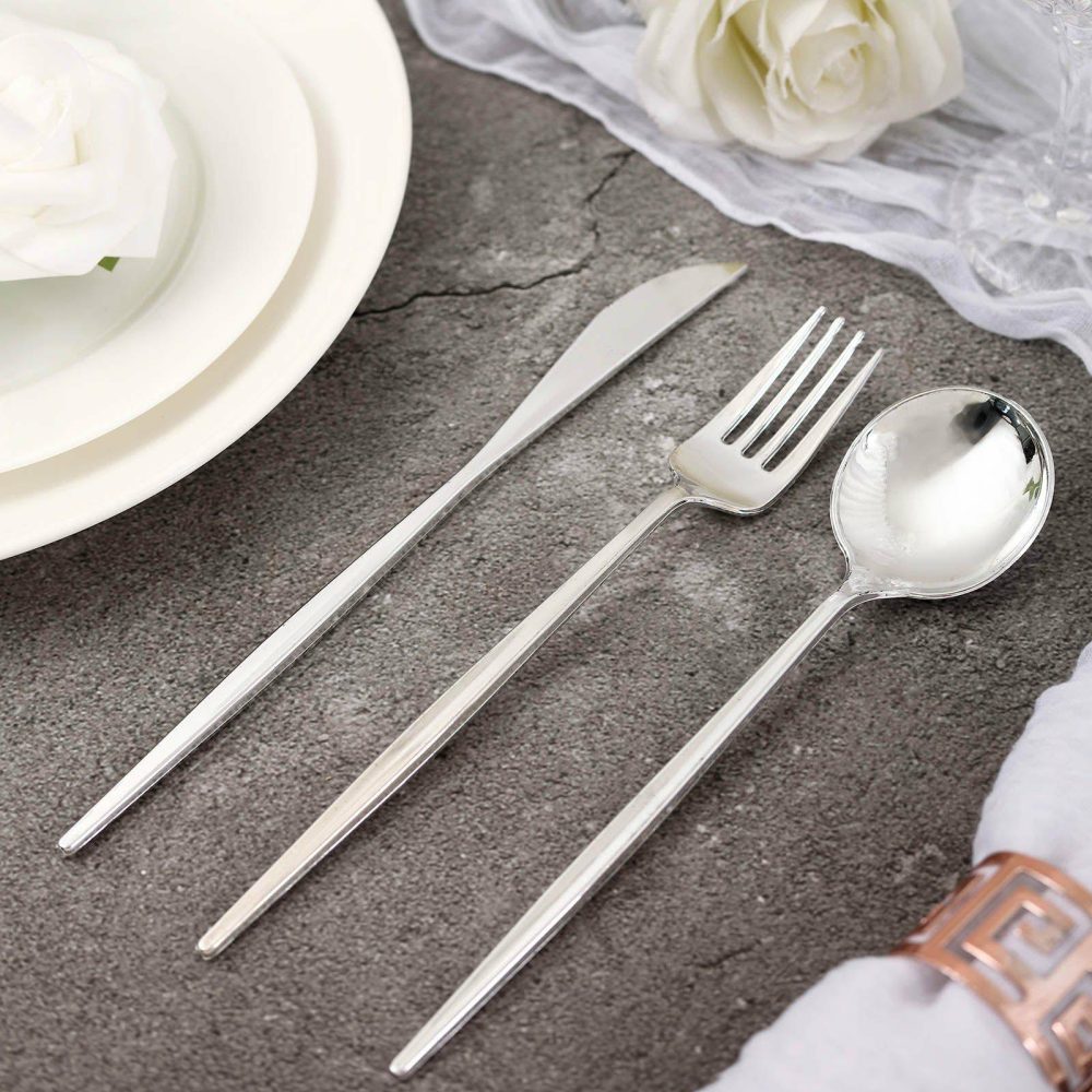 24 Pack Silver Sleek Modern Plastic Silverware Set, Premium Disposable Knife, Spoon & Fork Set 8″  |   Cutlery Cutlery Cutlery