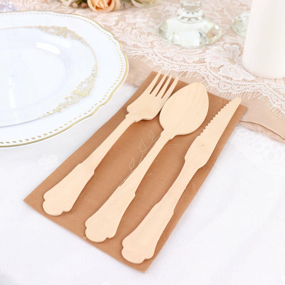 24 Pack Vintage Baroque Design Disposable Wooden Utensil Set, Eco-Friendly Biodegradable Forks, Spoons & Knives  |   Cutlery Plastic Cutlery & Utensils Cutlery