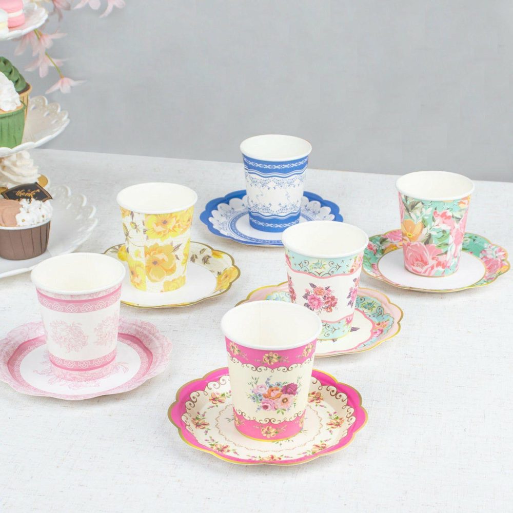 24 Pack Vintage Mixed Floral Paper Cup And Saucer Set, Disposable Tea Party Supplies Kit  |   Paper Cups Disposable Cups Paper Cups