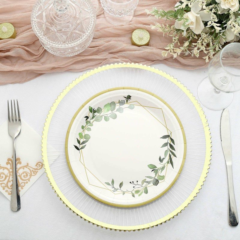 24 Pack White Round Geometric Gold Rim Leaf Dinner Paper Plates, Disposable Plates with Eucalyptus Print 300 GSM 9″  |   Eco-Friendly & Paper Plates Disposable Plates Eco-Friendly & Paper Plates