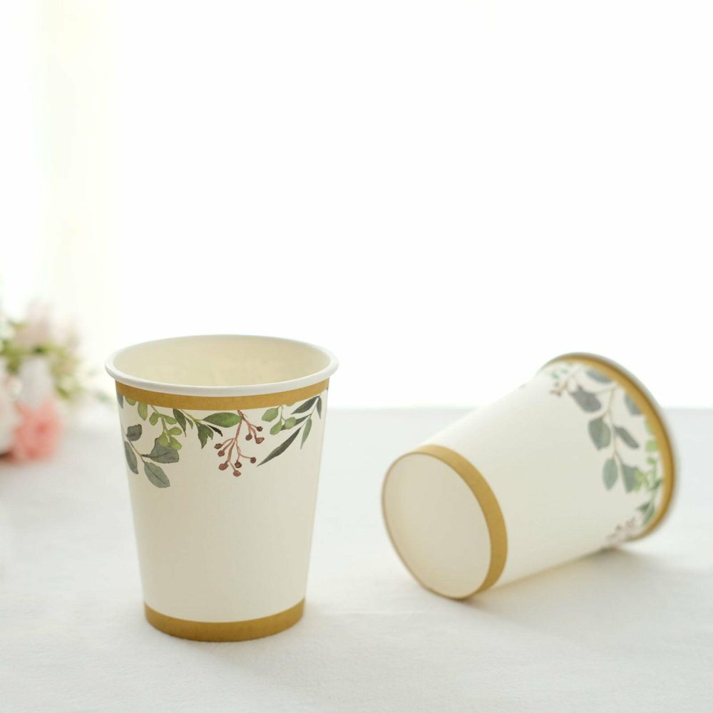 24 Pack White Tropical Greenery Boho Party Disposable Cups, Eucalyptus Paper Cups With Gold Rim 250 GSM 9oz  |   Paper Cups Disposable Cups Eucalyptus