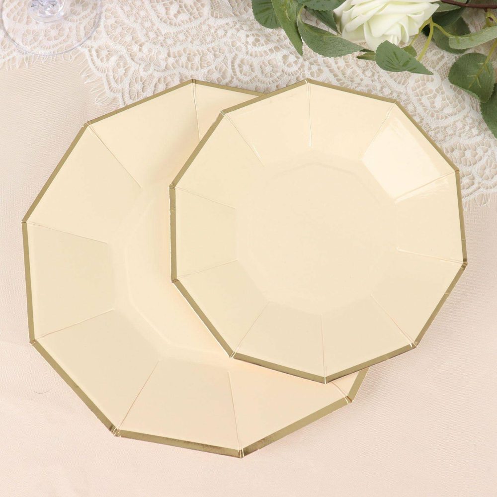 25 Pack Beige Gold Foil Rim Geometric Appetizer Paper Plates, Decagon Dessert / Salad Plates 7″  |   Eco-Friendly & Paper Plates Disposable Plates Beige/Gold