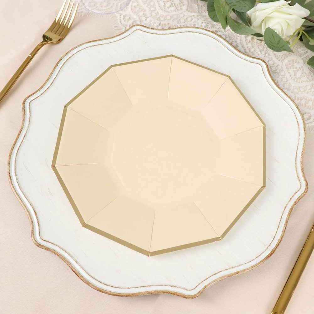 25 Pack Beige Gold Foil Rim Geometric Dinner Paper Plates, Decagon Disposable Plates 9″  |   Eco-Friendly & Paper Plates Disposable Plates Beige/Gold