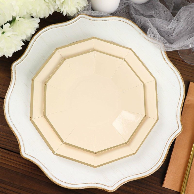 25 Pack Beige Gold Foil Rim Geometric Dinner Paper Plates, Decagon Disposable Plates 9″  |   Eco-Friendly & Paper Plates Disposable Plates Beige/Gold