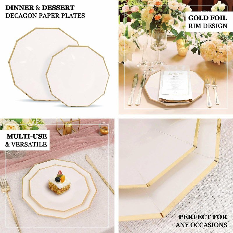 25 Pack Beige Gold Foil Rim Geometric Dinner Paper Plates, Decagon Disposable Plates 9″  |   Eco-Friendly & Paper Plates Disposable Plates Beige/Gold