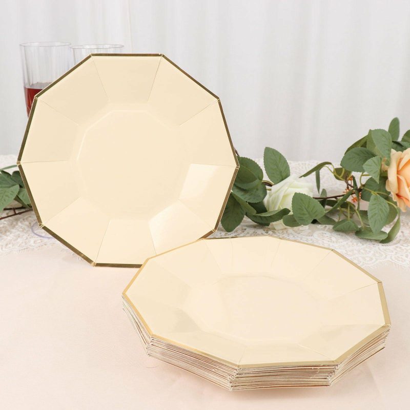 25 Pack Beige Gold Foil Rim Geometric Dinner Paper Plates, Decagon Disposable Plates 9″  |   Eco-Friendly & Paper Plates Disposable Plates Beige/Gold