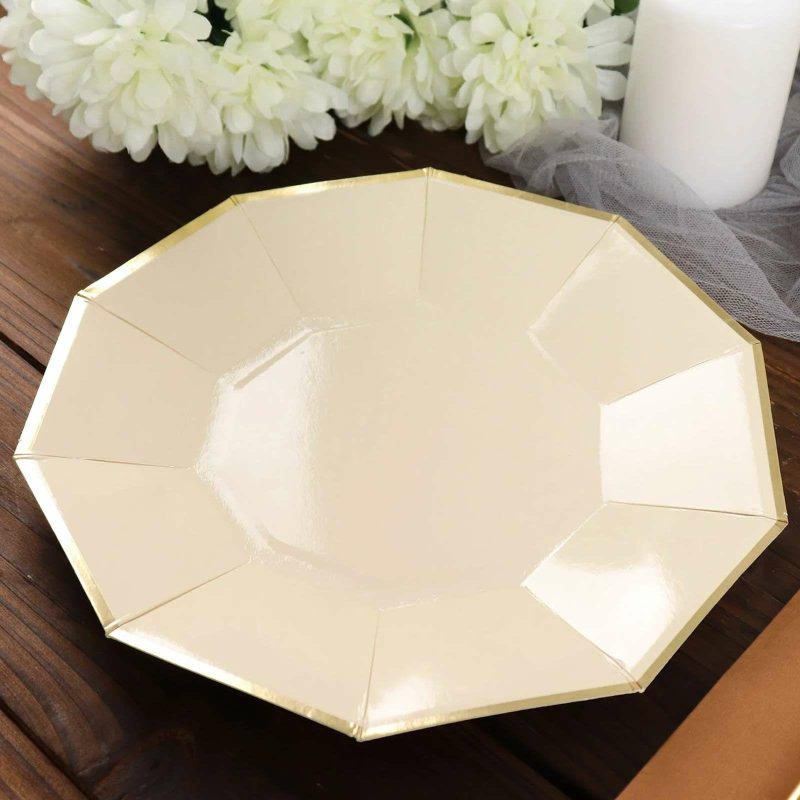 25 Pack Beige Gold Foil Rim Geometric Dinner Paper Plates, Decagon Disposable Plates 9″  |   Eco-Friendly & Paper Plates Disposable Plates Beige/Gold