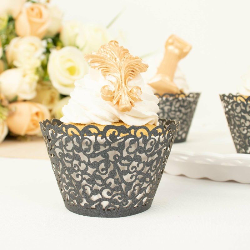 25 Pack Black Lace Laser Cut Paper Cupcake Wrappers, Muffin Baking Cup Trays  |   Dessert Dishes & Snack Bowls Dessert Dishes & Snack Bowls Black