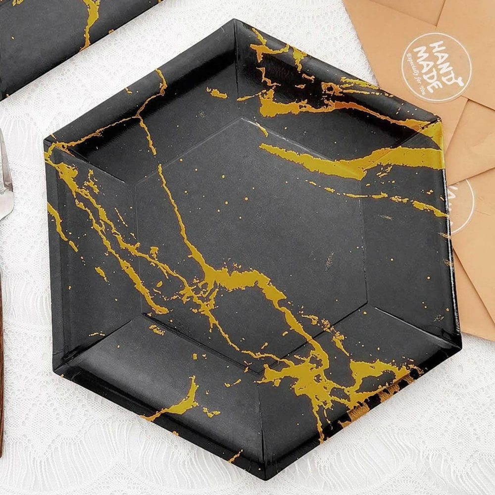 25 Pack Black Marble Serving Dinner Paper Plates, Disposable Hexagon Geomtric Shaped Plates With Gold Foil Marble Design 400 GSM 12″  |   Eco-Friendly & Paper Plates Disposable Plates Black/Gold