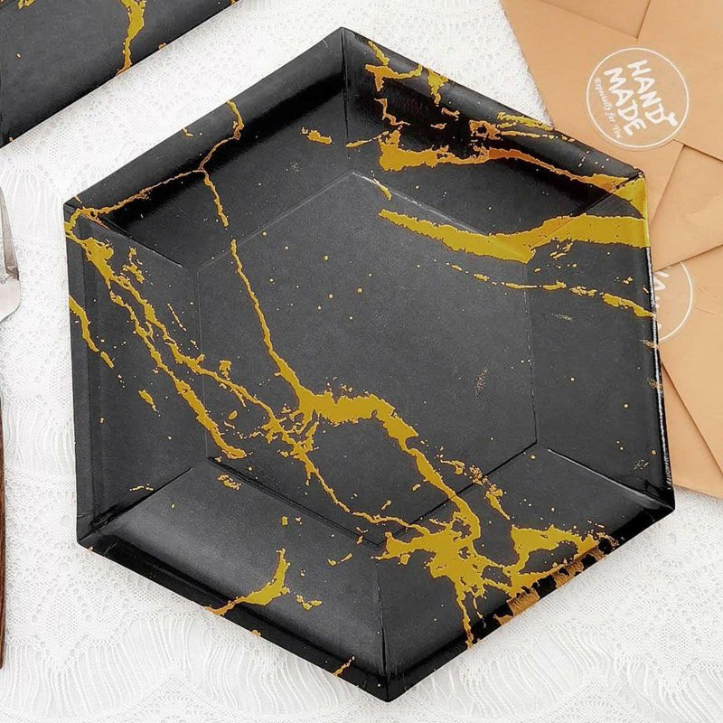 25 Pack Black Marble Serving Dinner Paper Plates, Disposable Hexagon Geomtric Shaped Plates With Gold Foil Marble Design 400 GSM 12″  |   Eco-Friendly & Paper Plates Disposable Plates Black/Gold