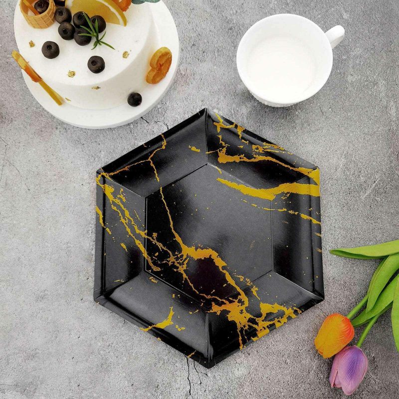 25 Pack Black Marble Serving Dinner Paper Plates, Disposable Hexagon Geomtric Shaped Plates With Gold Foil Marble Design 400 GSM 12″  |   Eco-Friendly & Paper Plates Disposable Plates Black/Gold