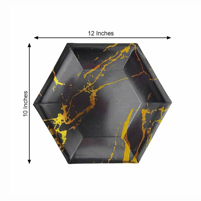 25 Pack Black Marble Serving Dinner Paper Plates, Disposable Hexagon Geomtric Shaped Plates With Gold Foil Marble Design 400 GSM 12″  |   Eco-Friendly & Paper Plates Disposable Plates Black/Gold