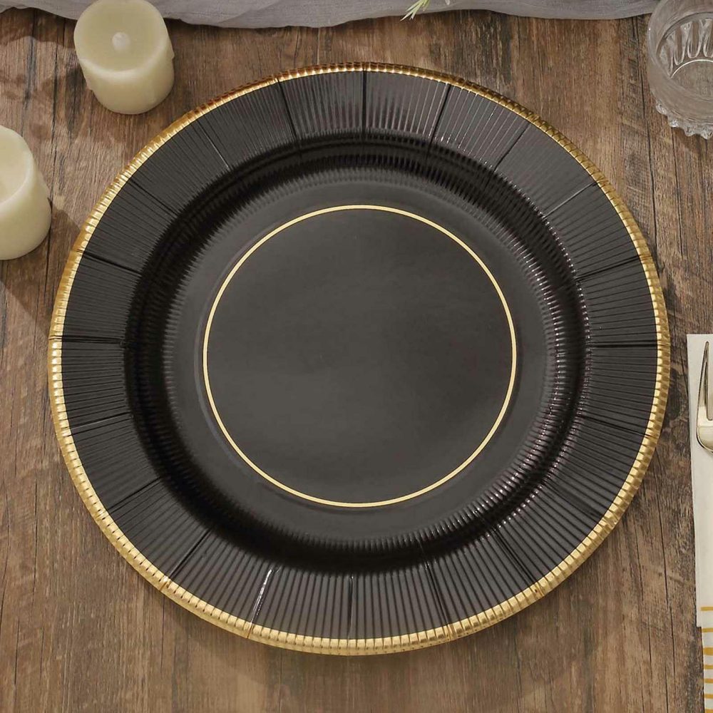 25 Pack Black Sunray Disposable Serving Plates, Heavy Duty Paper Charger Plates 350 GSM 13″  |   Eco-Friendly & Paper Plates Disposable Plates Black/Gold