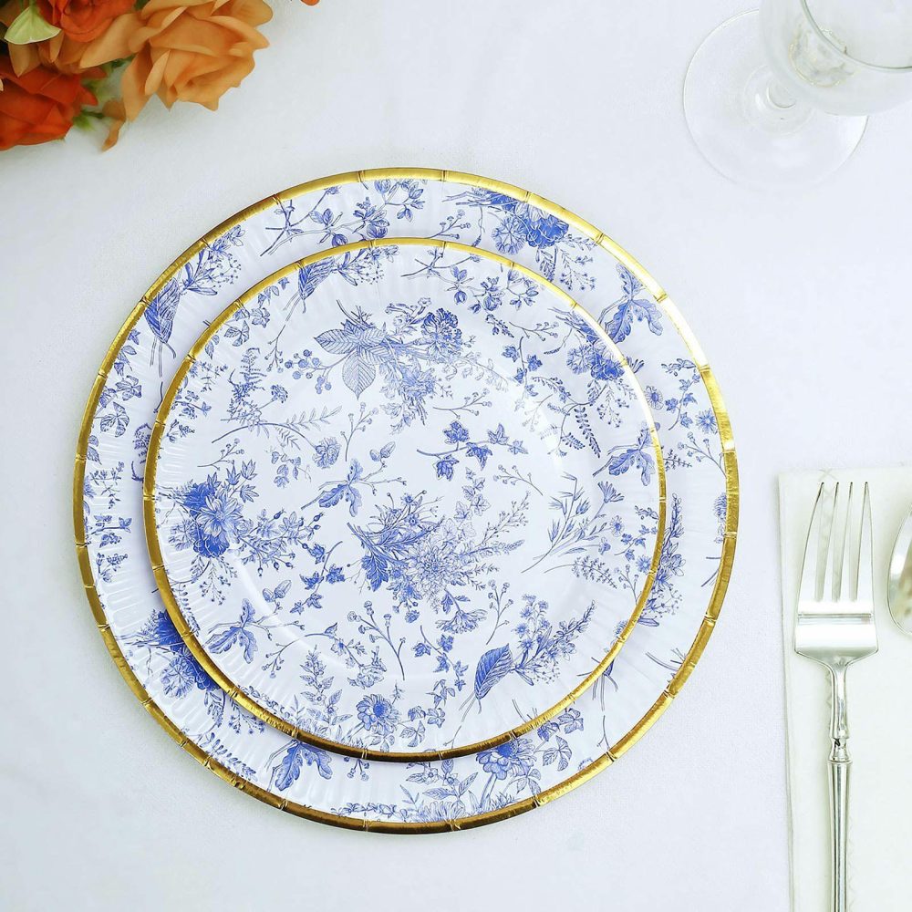 25 Pack Blue Chinoiserie Floral Paper Dessert Plates With Gold Rim, Round Disposable Salad Appetizer Plates 7″  |   Eco-Friendly & Paper Plates Disposable Plates Chinoiserie Floral Print