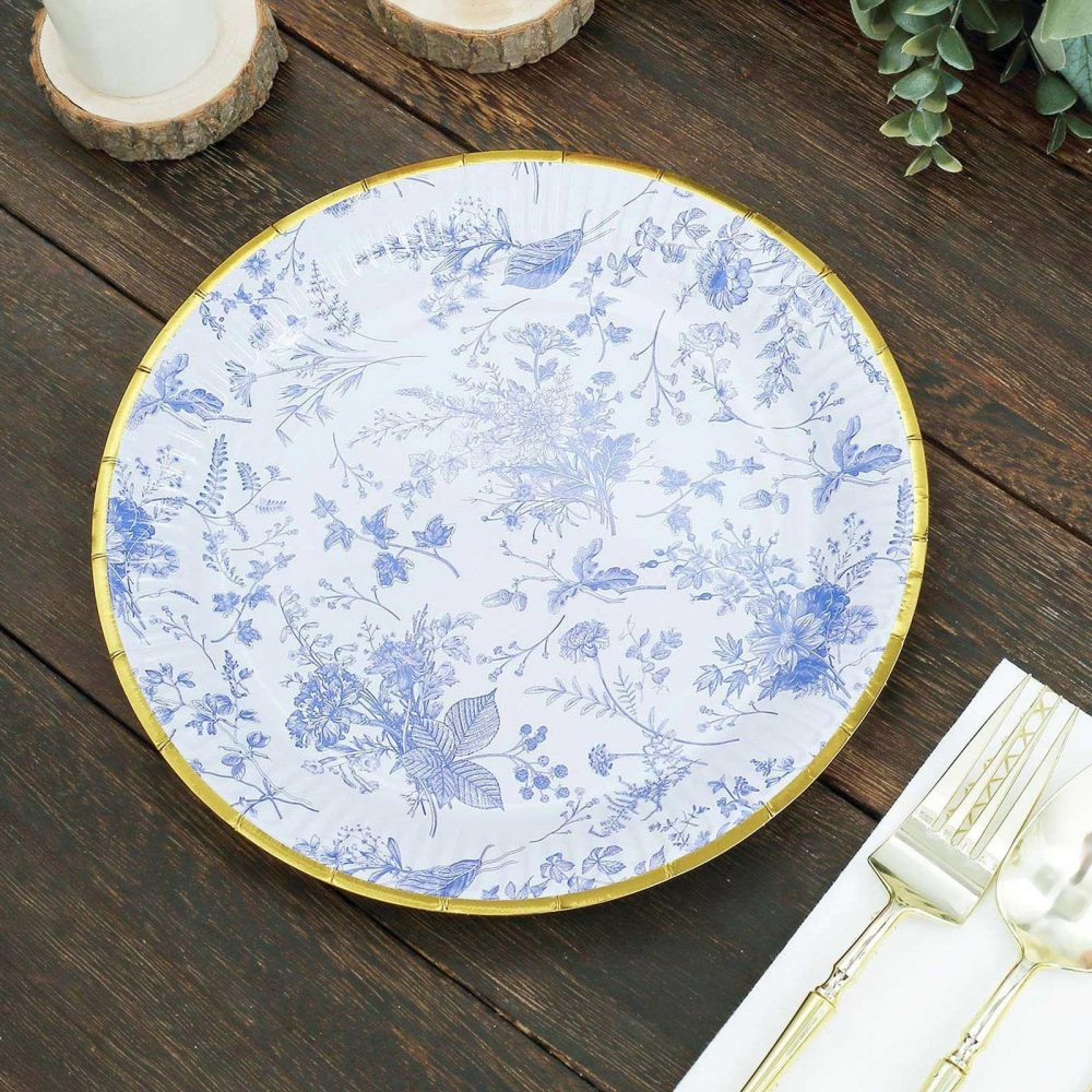 25 Pack Blue Chinoiserie Floral Paper Party Plates with Gold Rim, Round Disposable Dinner Plates 9″  |   Eco-Friendly & Paper Plates Disposable Plates Chinoiserie Floral Print