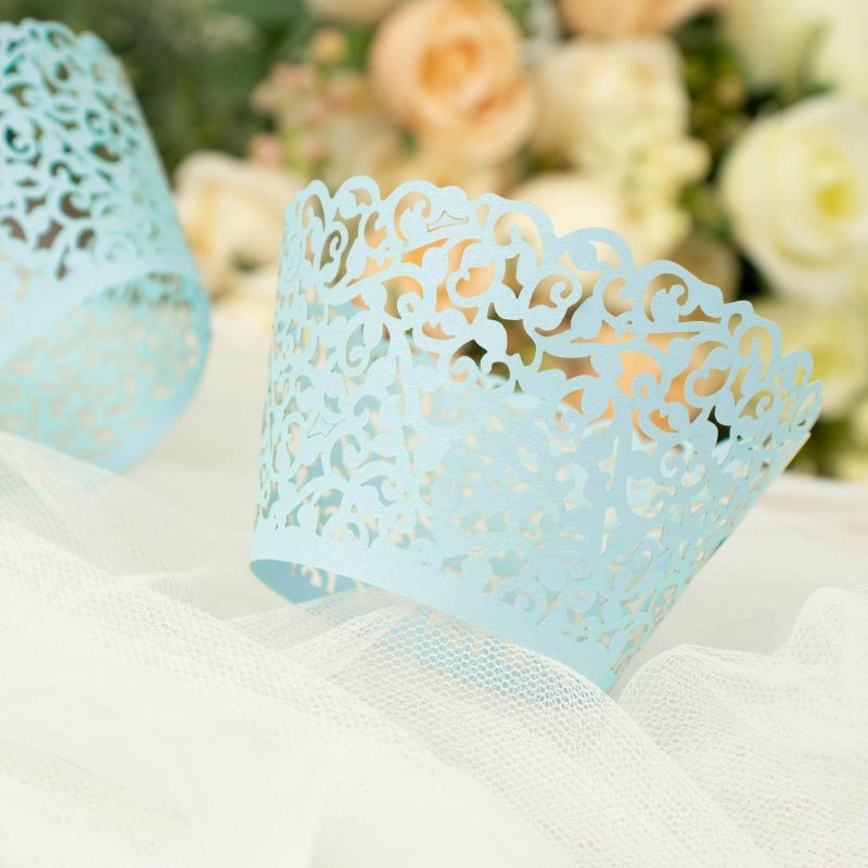 25 Pack Blue Lace Laser Cut Paper Cupcake Wrappers, Muffin Baking Cup Trays  |   Dessert Dishes & Snack Bowls Dessert Dishes & Snack Bowls Blue