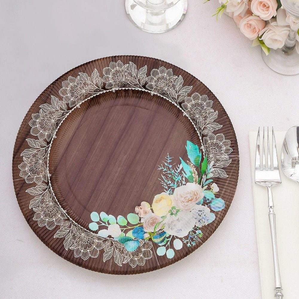 25 Pack Brown Rustic Wood Print Paper Charger Plates With Floral Lace Rim, Round Disposable Serving Plates 13″  |   Paper Chargers & Trays Paper Chargers & Trays Brown w/ White Floral Lace