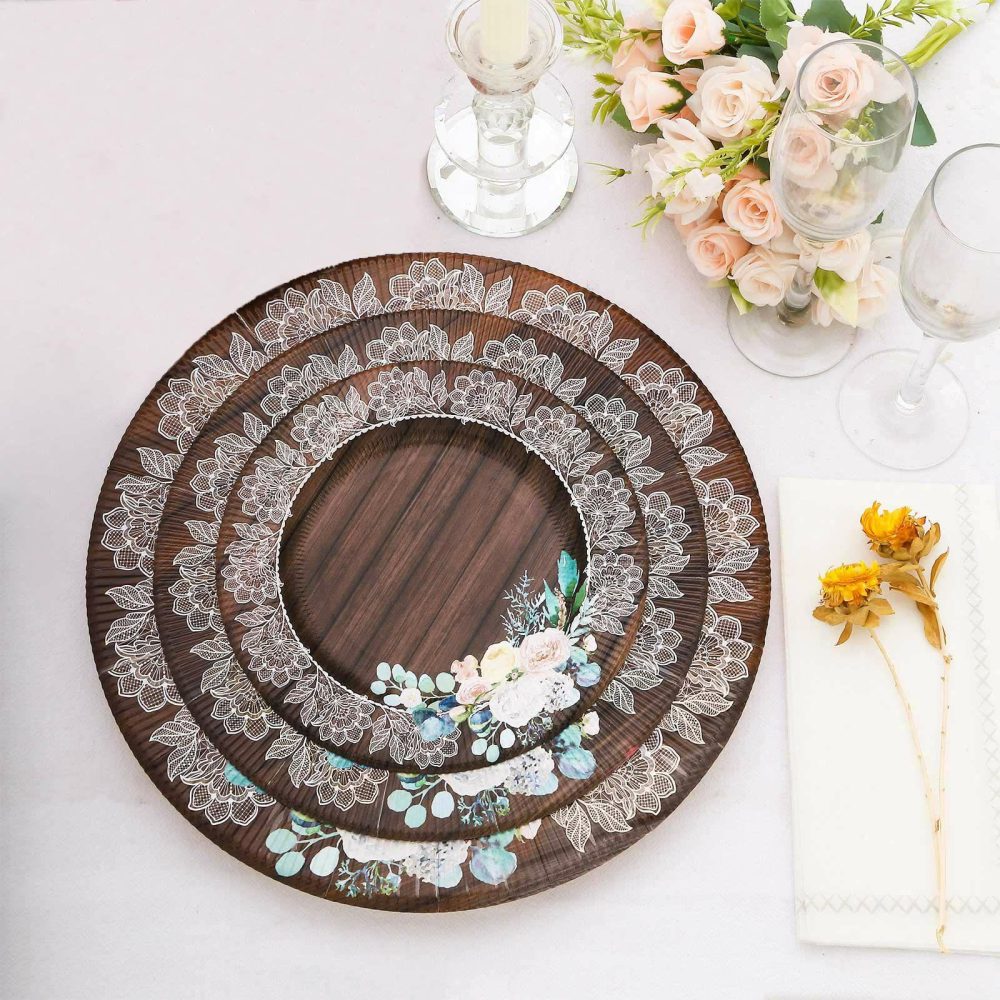 25 Pack Brown Rustic Wood Print Paper Dessert Plates With Floral Lace Rim, Round Disposable Salad Appetizer Plates 8″  |   Eco-Friendly & Paper Plates Disposable Plates Brown/White