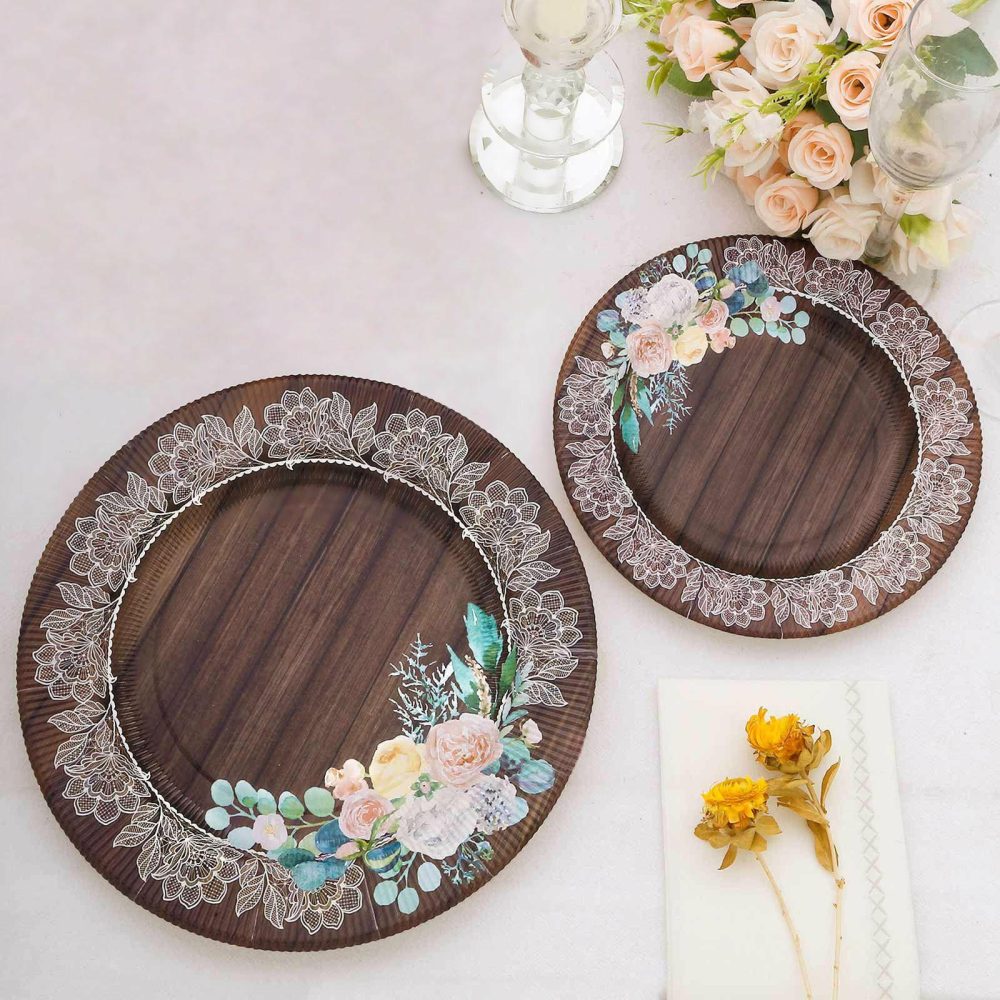 25 Pack Brown Rustic Wood Print Paper Dinner Plates With Floral Lace Rim, Round Disposable Party Plates 10″  |   Eco-Friendly & Paper Plates Disposable Plates Brown w/ White Floral Lace