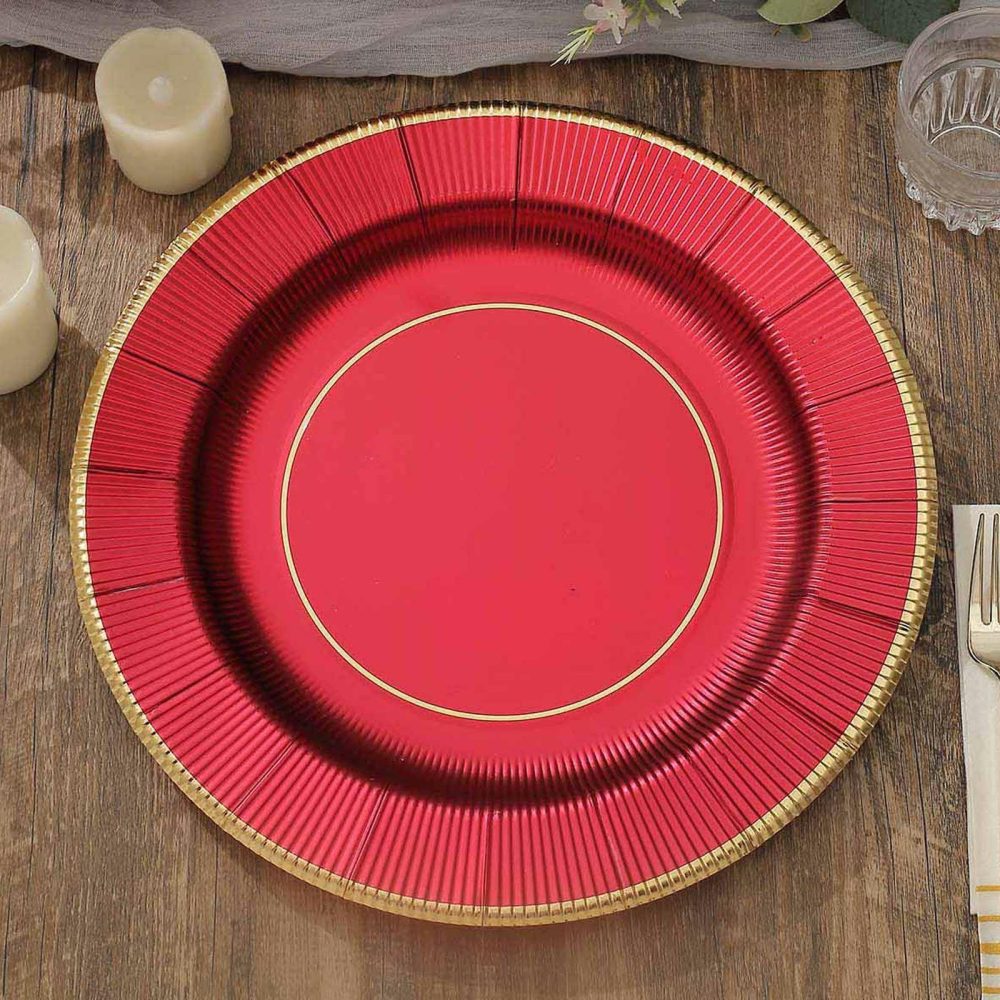 25 Pack Burgundy Sunray Disposable Serving Plates, Heavy Duty Paper Charger Plates 350 GSM 13″  |   Eco-Friendly & Paper Plates Disposable Plates Burgundy/Gold