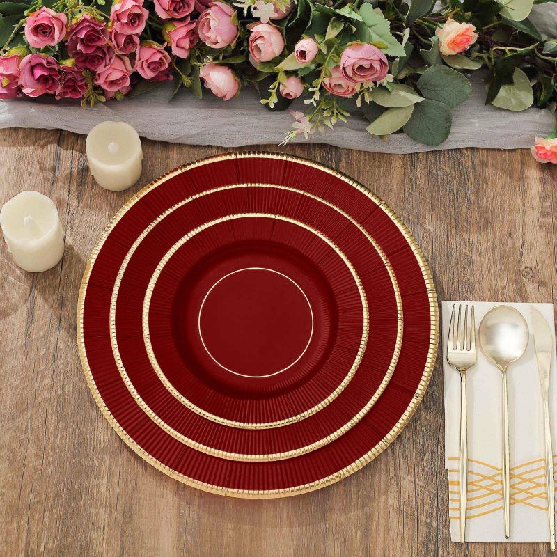 25 Pack Burgundy Sunray Gold Rimmed Dessert Appetizer Paper Plates, Disposable Party Plates 350 GSM 8″  |   Eco-Friendly & Paper Plates Disposable Plates Burgundy/Gold