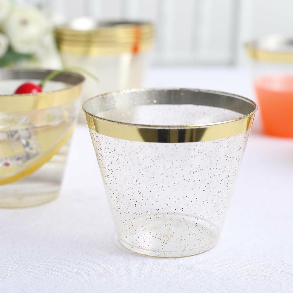 25 Pack Clear / Gold Glittered Crystal Collection Plastic Tumblers Cups, Disposable Cocktail Cups 9oz  |   All Purpose Glasses & Tumblers All Purpose Glasses & Tumblers All Purpose Glasses & Tumblers