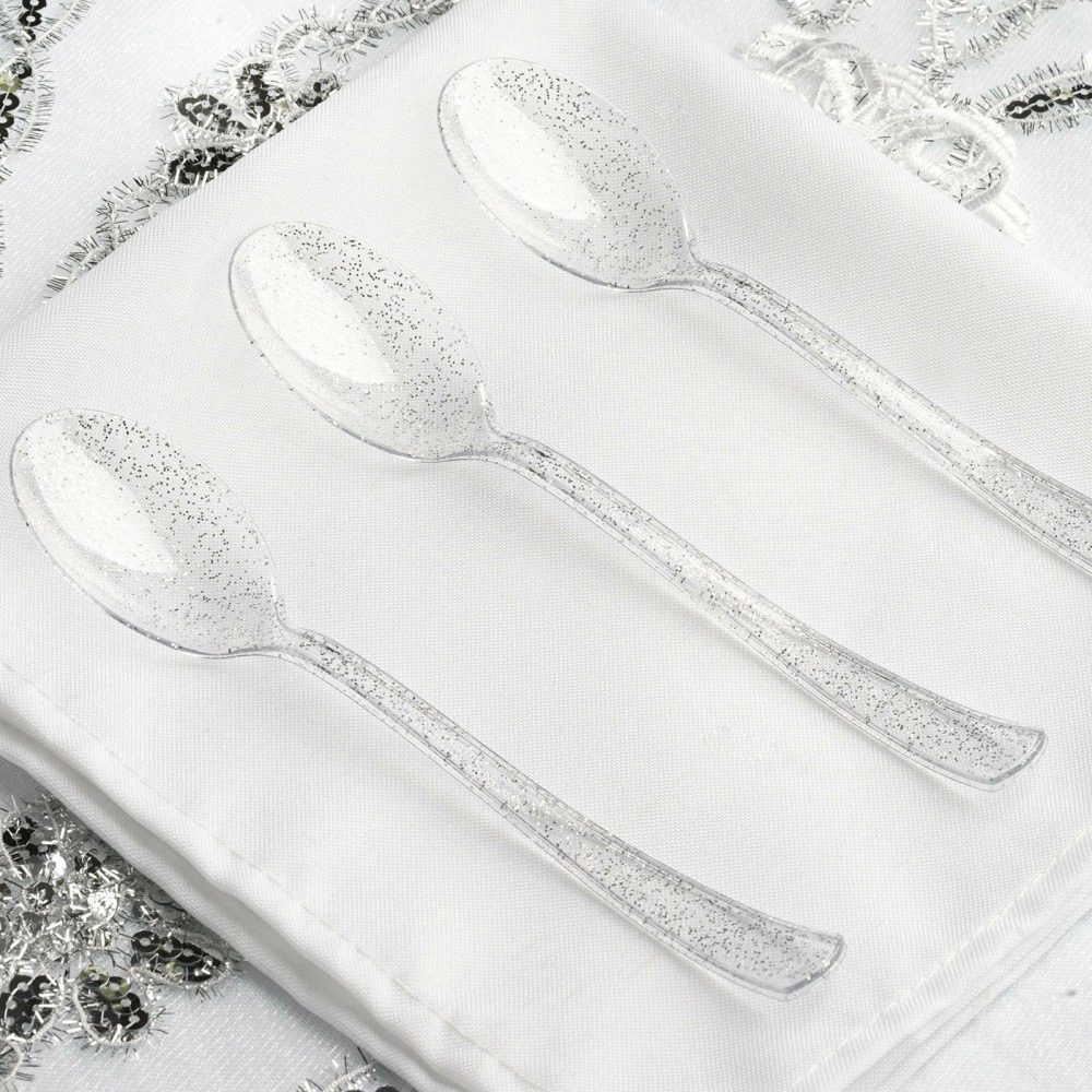 25 Pack Clear Silver Glitter Classic Heavy Duty Plastic Spoons, Disposable Utensils 7″  |   Cutlery Cutlery Clear/Silver