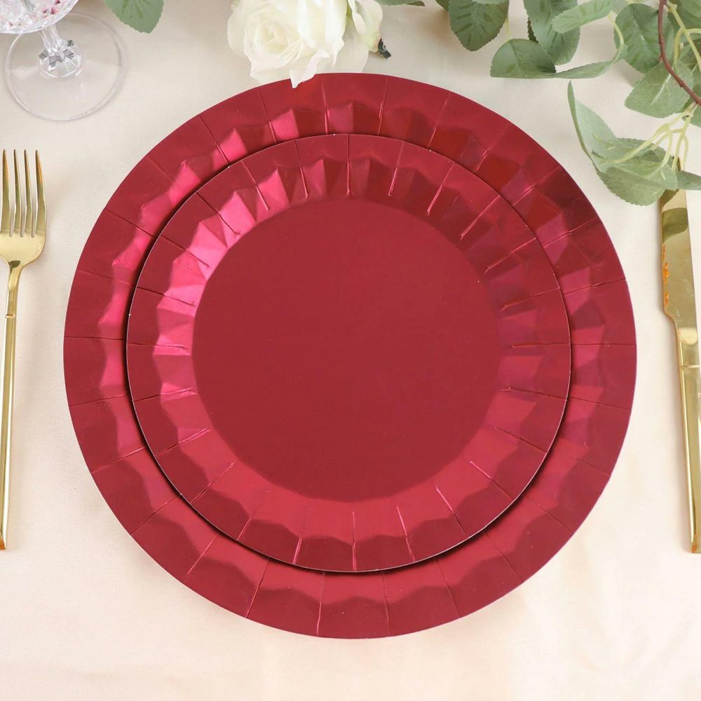 25 Pack Geometric Burgundy Foil Dinner Paper Plates, Disposable Party Plates 400 GSM 9″  |   Eco-Friendly & Paper Plates Disposable Plates Burgundy