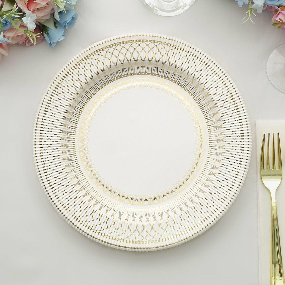 25 Pack Gold And White Vintage Porcelain Style Paper Plates, Heavy Duty Disposable Dinner Party Plates 300GSM 10″  |   Eco-Friendly & Paper Plates Disposable Plates Eco-Friendly & Paper Plates