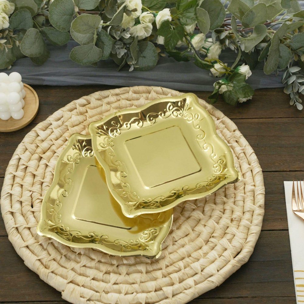 25 Pack Gold Square Vintage Appetizer Dessert Paper Plates, Shiny Metallic Disposable Pottery Embossed Party Plates With Scroll Design Edge 350 GSM 7″  |   Eco-Friendly & Paper Plates Disposable Plates Eco-Friendly & Paper Plates