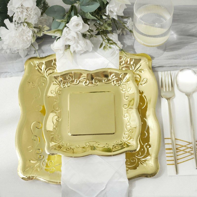 25 Pack Gold Square Vintage Appetizer Dessert Paper Plates, Shiny Metallic Disposable Pottery Embossed Party Plates With Scroll Design Edge 350 GSM 7″  |   Eco-Friendly & Paper Plates Disposable Plates Eco-Friendly & Paper Plates