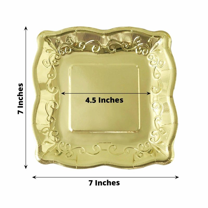 25 Pack Gold Square Vintage Appetizer Dessert Paper Plates, Shiny Metallic Disposable Pottery Embossed Party Plates With Scroll Design Edge 350 GSM 7″  |   Eco-Friendly & Paper Plates Disposable Plates Eco-Friendly & Paper Plates