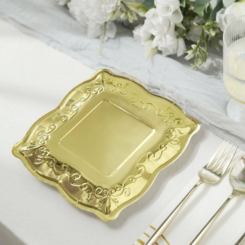 25 Pack Gold Square Vintage Appetizer Dessert Paper Plates, Shiny Metallic Disposable Pottery Embossed Party Plates With Scroll Design Edge 350 GSM 7″  |   Eco-Friendly & Paper Plates Disposable Plates Eco-Friendly & Paper Plates