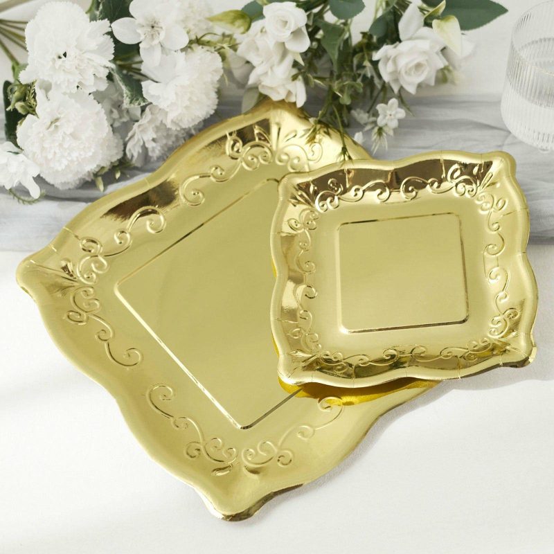 25 Pack Gold Square Vintage Appetizer Dessert Paper Plates, Shiny Metallic Disposable Pottery Embossed Party Plates With Scroll Design Edge 350 GSM 7″  |   Eco-Friendly & Paper Plates Disposable Plates Eco-Friendly & Paper Plates