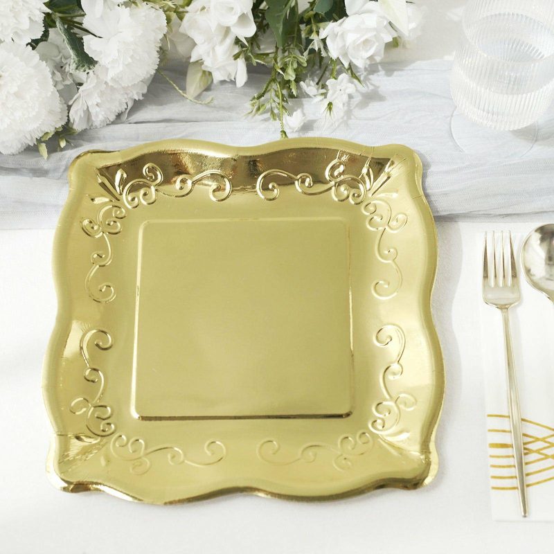 25 Pack Gold Square Vintage Dinner Serving Paper Plates, Shiny Metallic Disposable Pottery Embossed Party Plates With Scroll Design Edge 350 GSM 11″  |   Eco-Friendly & Paper Plates Disposable Plates Eco-Friendly & Paper Plates