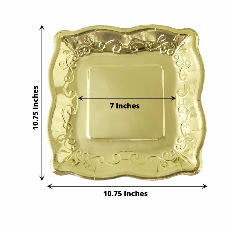 25 Pack Gold Square Vintage Dinner Serving Paper Plates, Shiny Metallic Disposable Pottery Embossed Party Plates With Scroll Design Edge 350 GSM 11″  |   Eco-Friendly & Paper Plates Disposable Plates Eco-Friendly & Paper Plates