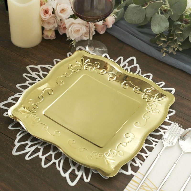 25 Pack Gold Square Vintage Dinner Serving Paper Plates, Shiny Metallic Disposable Pottery Embossed Party Plates With Scroll Design Edge 350 GSM 11″  |   Eco-Friendly & Paper Plates Disposable Plates Eco-Friendly & Paper Plates