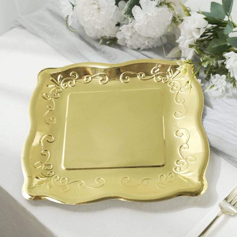 25 Pack Gold Square Vintage Dinner Serving Paper Plates, Shiny Metallic Disposable Pottery Embossed Party Plates With Scroll Design Edge 350 GSM 11″  |   Eco-Friendly & Paper Plates Disposable Plates Eco-Friendly & Paper Plates