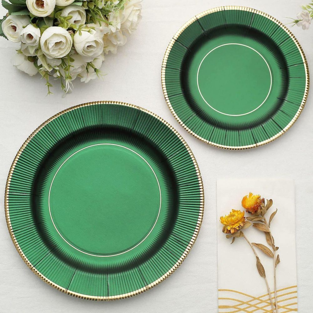 25 Pack Hunter Emerald Green Sunray Serving Dinner Paper Plates, Disposable Party Plates With Gold Rim 350 GSM 10″  |   Eco-Friendly & Paper Plates Disposable Plates Eco-Friendly & Paper Plates