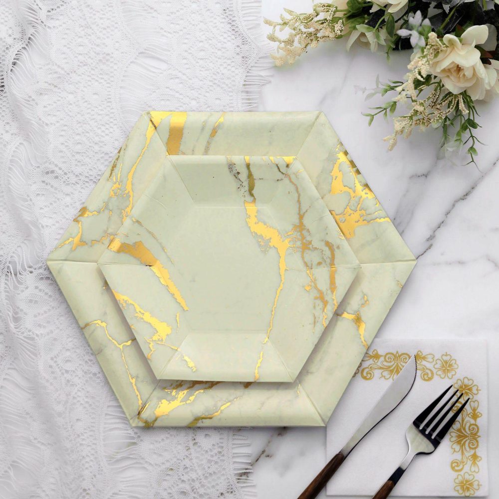 25 Pack Ivory Marble Dessert Salad Paper Plates, Disposable Appetizer Hexagon Geometric Plates Shaped With Gold Foil Marble Design 400 GSM 8.5″  |   Eco-Friendly & Paper Plates Disposable Plates Eco-Friendly & Paper Plates