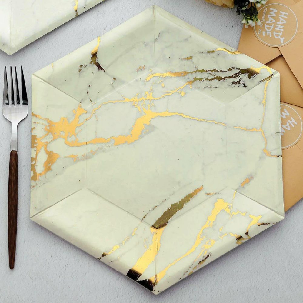 25 Pack Ivory Marble Serving Dinner Paper Plates, Disposable Hexagon Geomtric Shaped Plates With Gold Foil Marble Design 400 GSM 12″  |   Eco-Friendly & Paper Plates Disposable Plates Eco-Friendly & Paper Plates