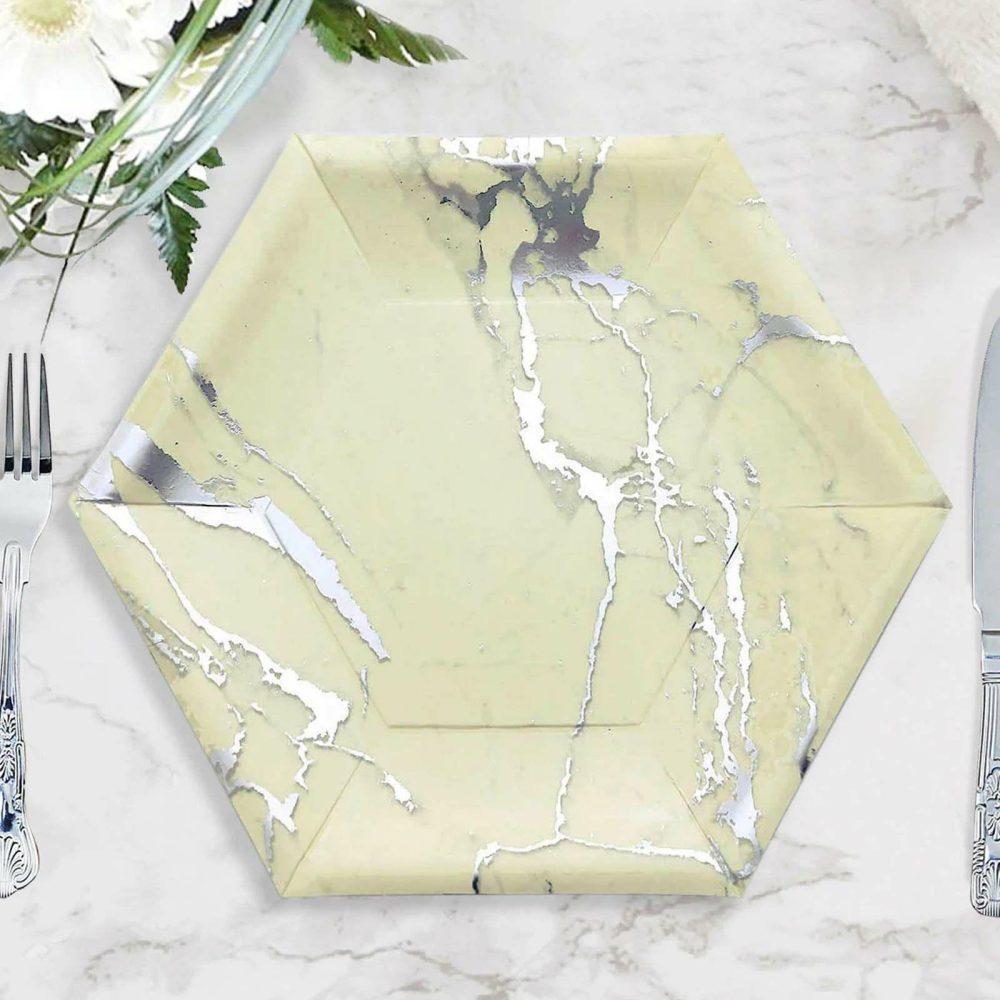 25 Pack Ivory Marble Serving Dinner Paper Plates, Disposable Hexagon Geomtric Shaped Plates With Silver Foil Marble Design 400 GSM 12″  |   Eco-Friendly & Paper Plates Disposable Plates Eco-Friendly & Paper Plates